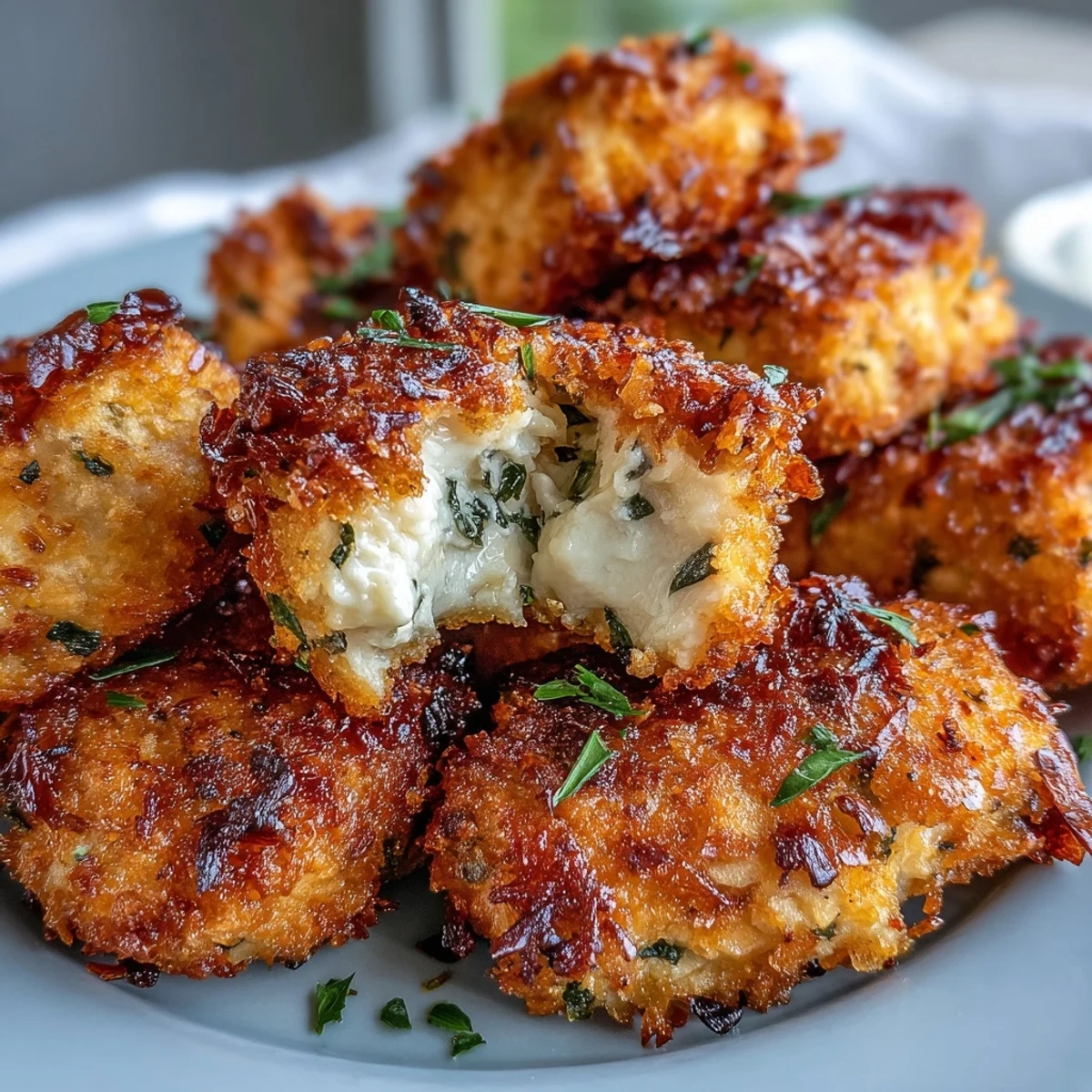 Tender Asiago Panko Chicken Bites paired with fresh salad greens and ranch dressing for dipping.