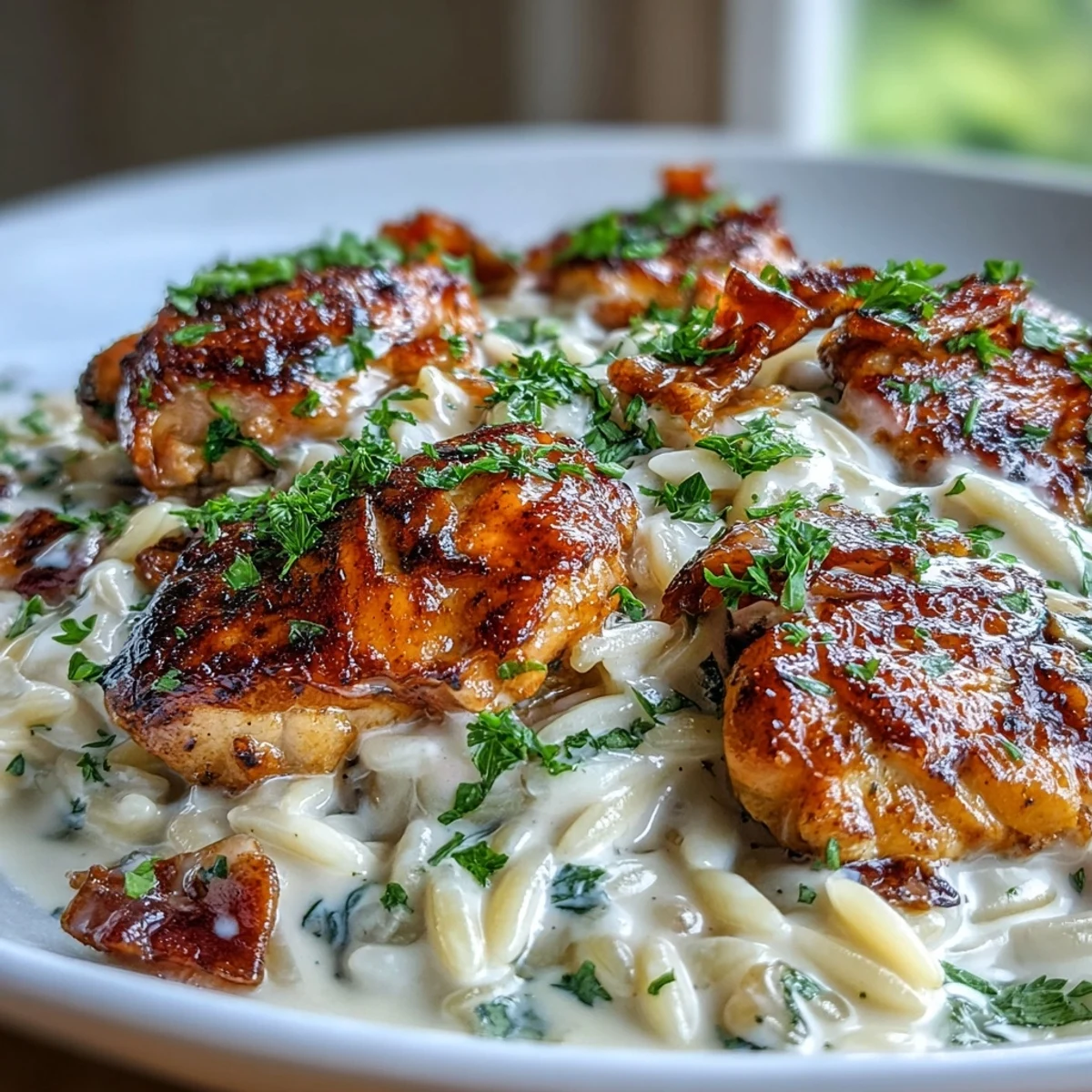One-Pot Creamy Garlic Parmesan Chicken Orzo simmering in a deep skillet, featuring golden chicken and spinach mixed into cheesy pasta.