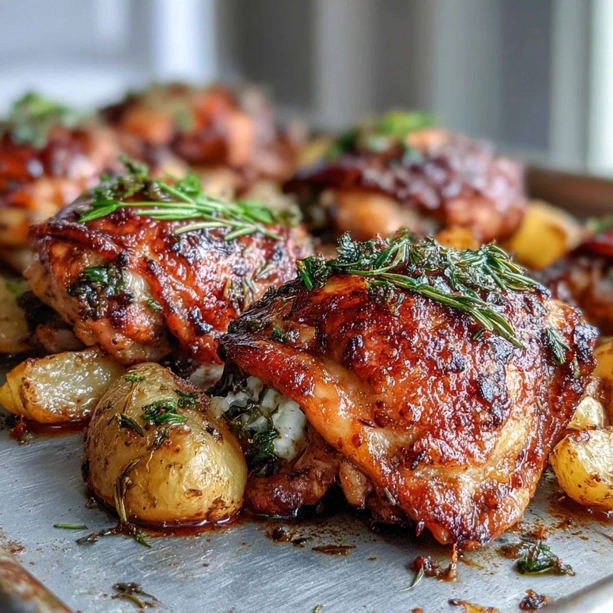 Golden-brown Crispy Ranch Sheet Pan Chicken & Veggies served hot from the oven with roasted potatoes and carrots.