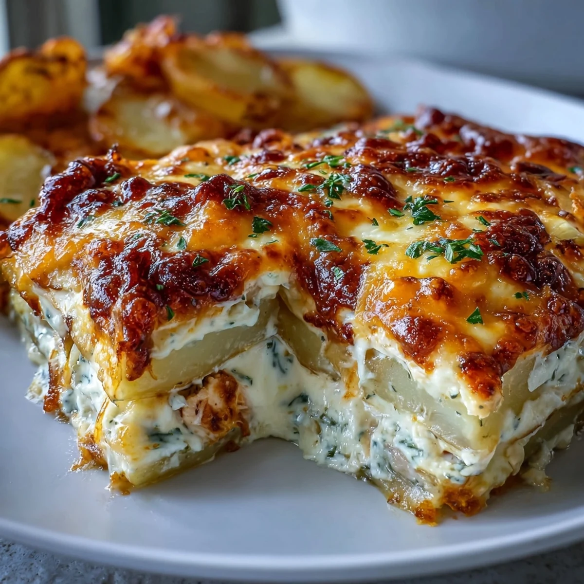 A hearty scoop of creamy ranch chicken potato bake served alongside a crisp green salad and fresh parsley garnish.