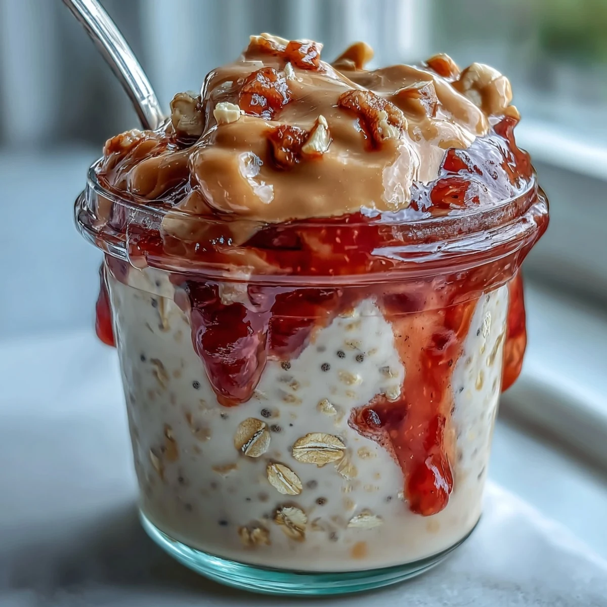 Overnight oats parfait with peanut butter layers and vibrant strawberry jam swirl for a protein-rich breakfast.