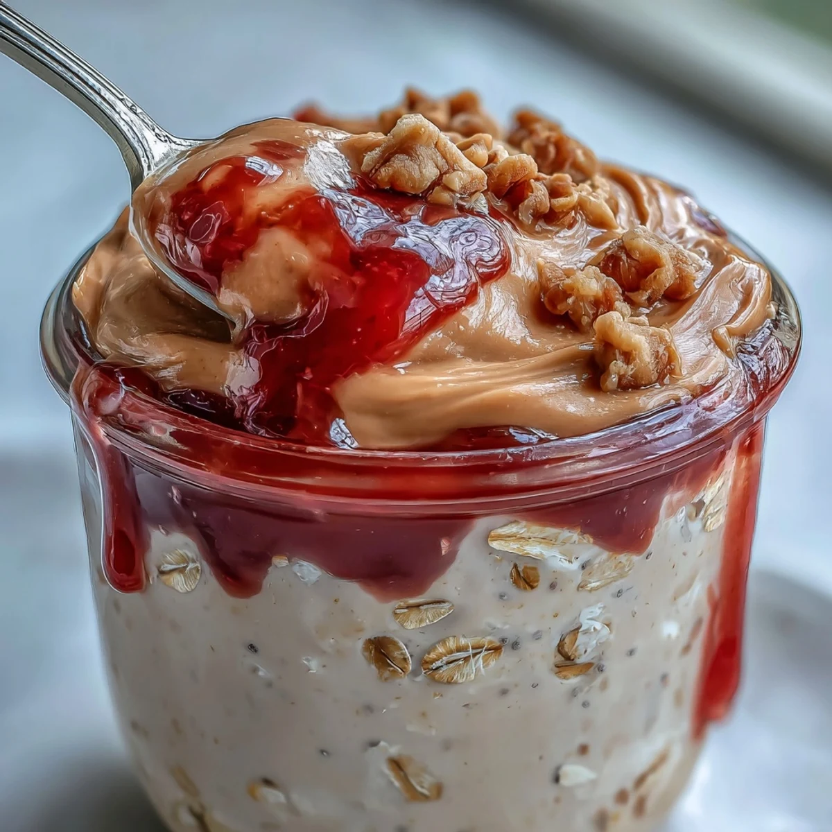 Thick Greek yogurt oats with peanut butter and fresh strawberry jam, served in clear glass jars.