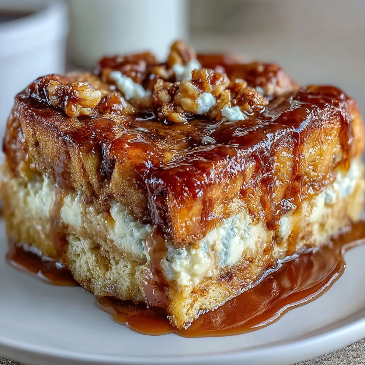 Freshly baked Caramel Cream Cheese French Toast Casserole with golden brioche, creamy layers, and a generous caramel drizzle served warm.