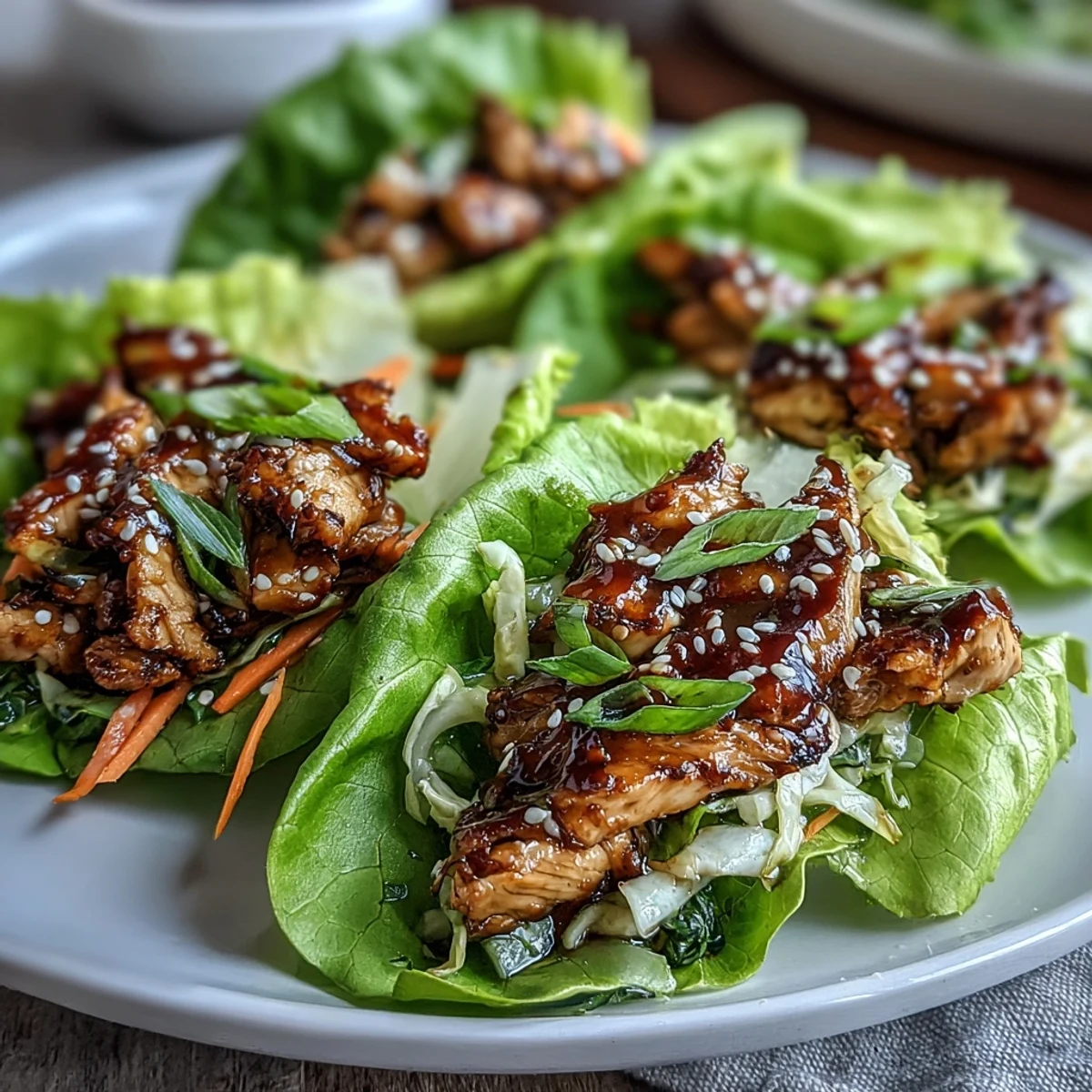 Spoonful of savory ginger chicken filling inside a crisp Bibb lettuce cup, topped with shredded purple cabbage and toasted sesame seeds.