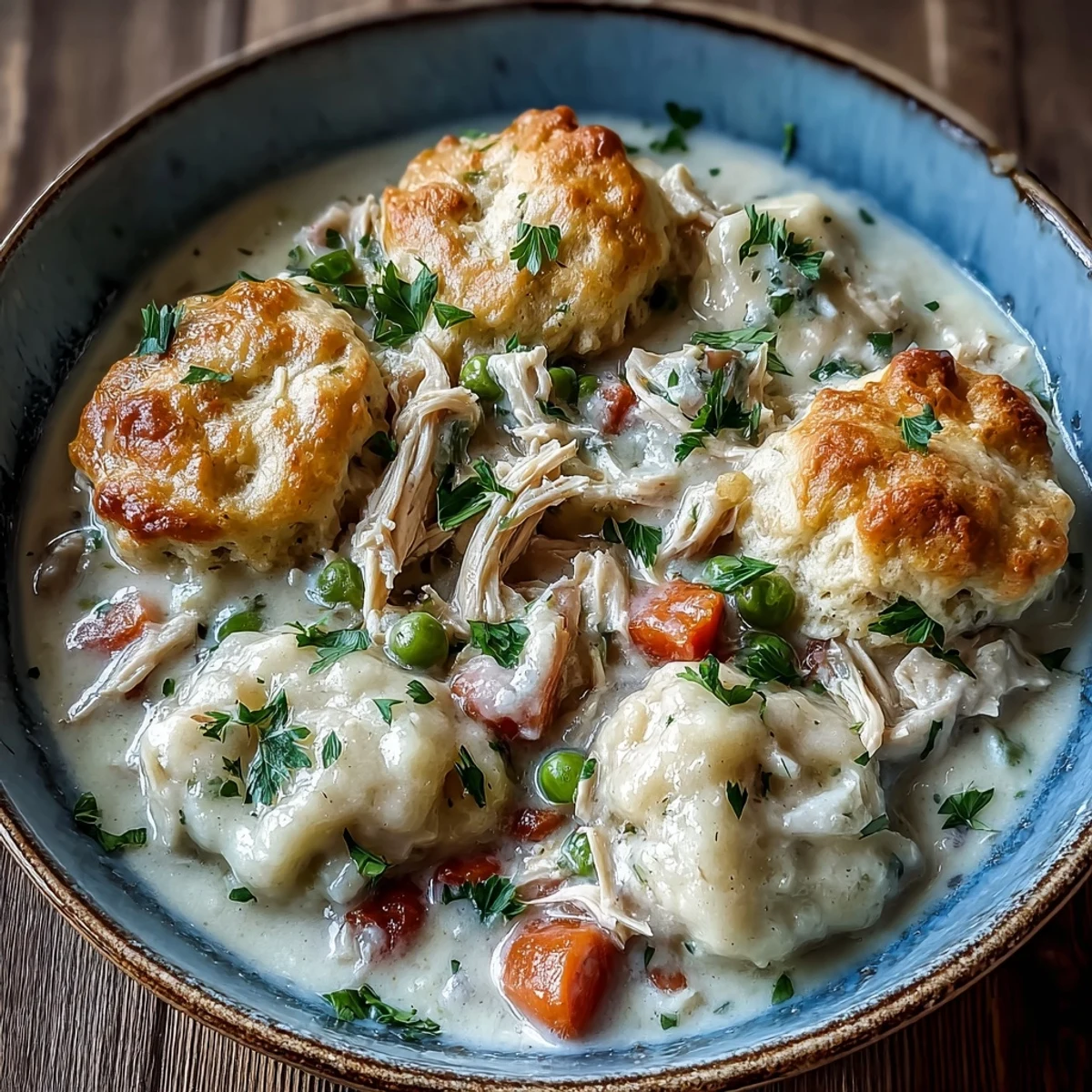 Homemade drop biscuits topping a hearty Slow Cooker Ranch Chicken & Dumplings stew, served steaming in a rustic bowl with fresh parsley garnish.