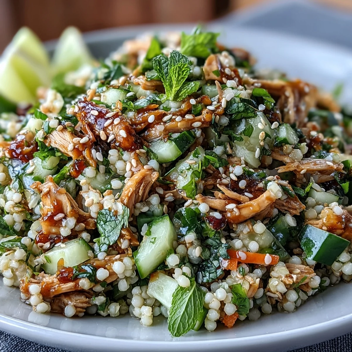 A close-up of Asian Sesame Chicken Couscous Salad, highlighting vibrant shredded carrots, diced cucumbers, and scallions atop fluffy couscous and rotisserie chicken, drizzled with a glistening sesame-soy dressing.