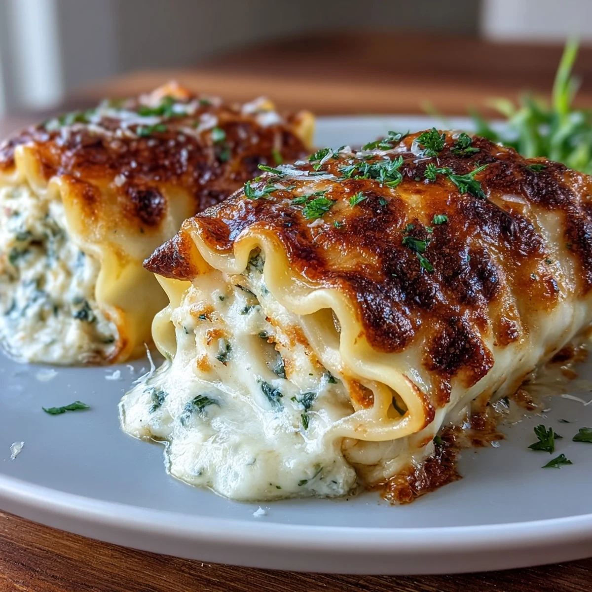Close-up of a plated Garlic Butter Lasagna Roll-Up, cut open to reveal the creamy, cheesy filling and garlic herbs.