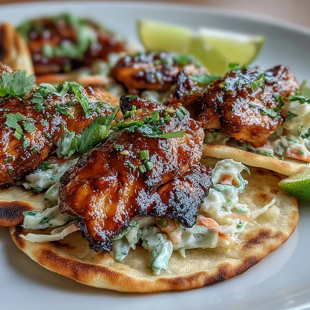 Warm garlic naan wraps tender honey garlic chicken tacos topped with crunchy red cabbage slaw.