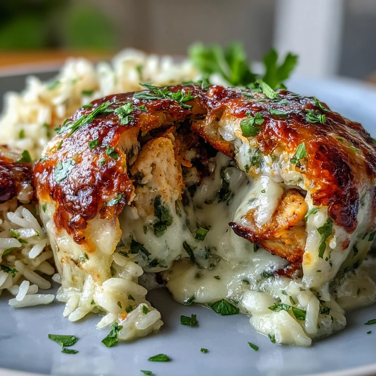 Baked bell peppers filled with creamy garlic Parmesan chicken and rice, served hot from the oven.