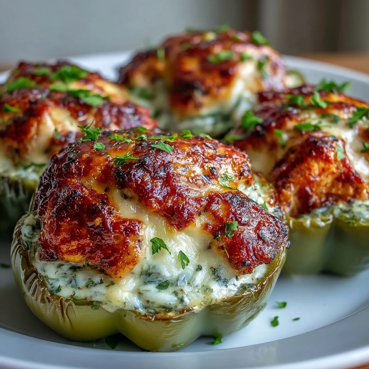 Four colorful bell peppers stuffed with garlic Parmesan chicken, rice, and melty mozzarella cheese topping.