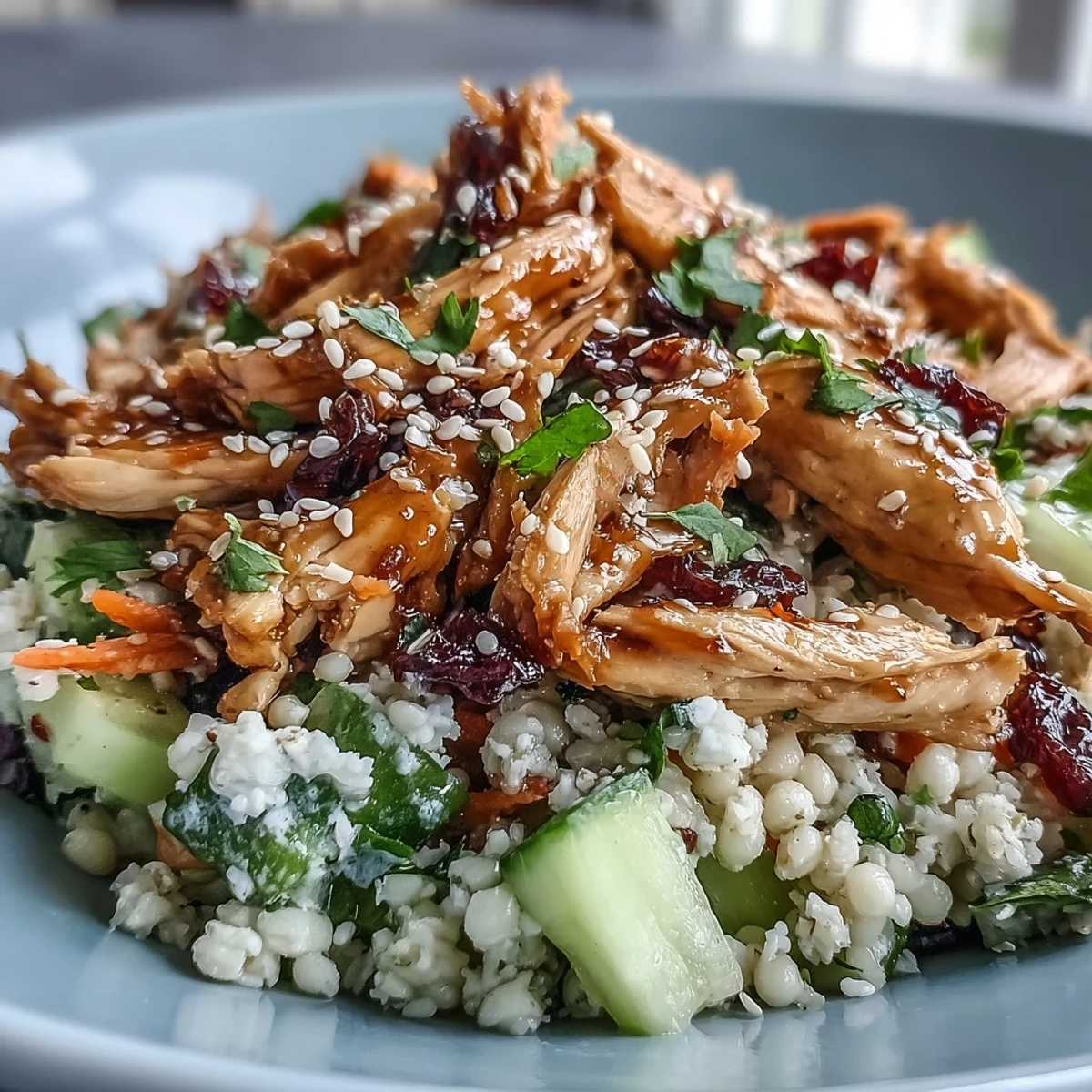 The Asian Sesame Chicken Couscous Salad is tossed with sesame-soy dressing and topped with fresh cilantro, mint, and toasted sesame seeds.