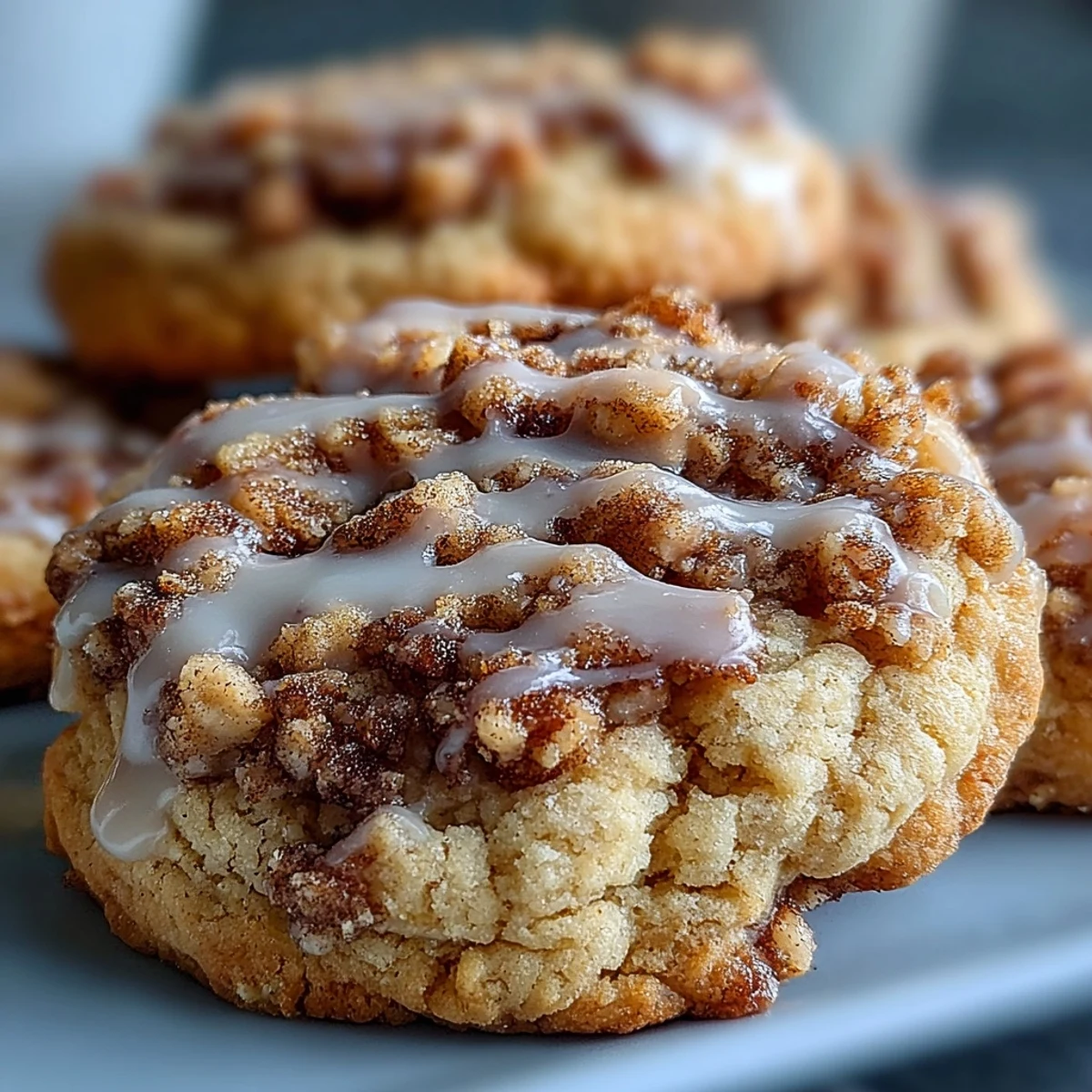 Close-up on Gilmore Girls Coffee Cake Cookies with a drizzle of icing, paired with a mug of coffee.