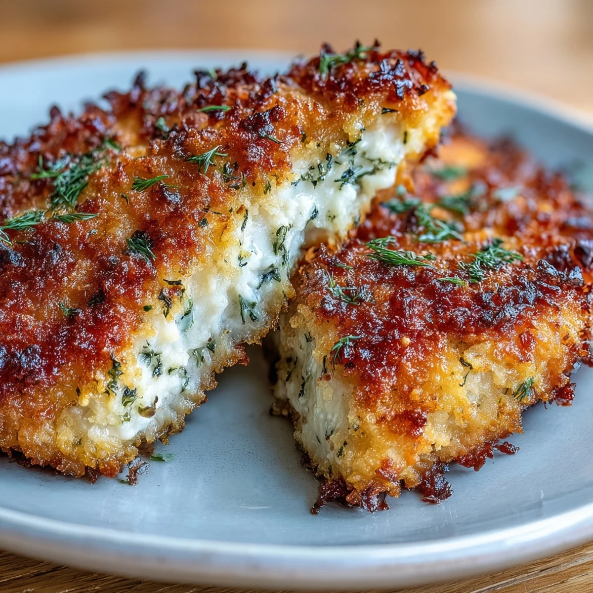 Golden brown Crispy Dill Pickle Parmesan Chicken cutlets rest on a wire rack, showcasing a crunchy, flavorful crust.