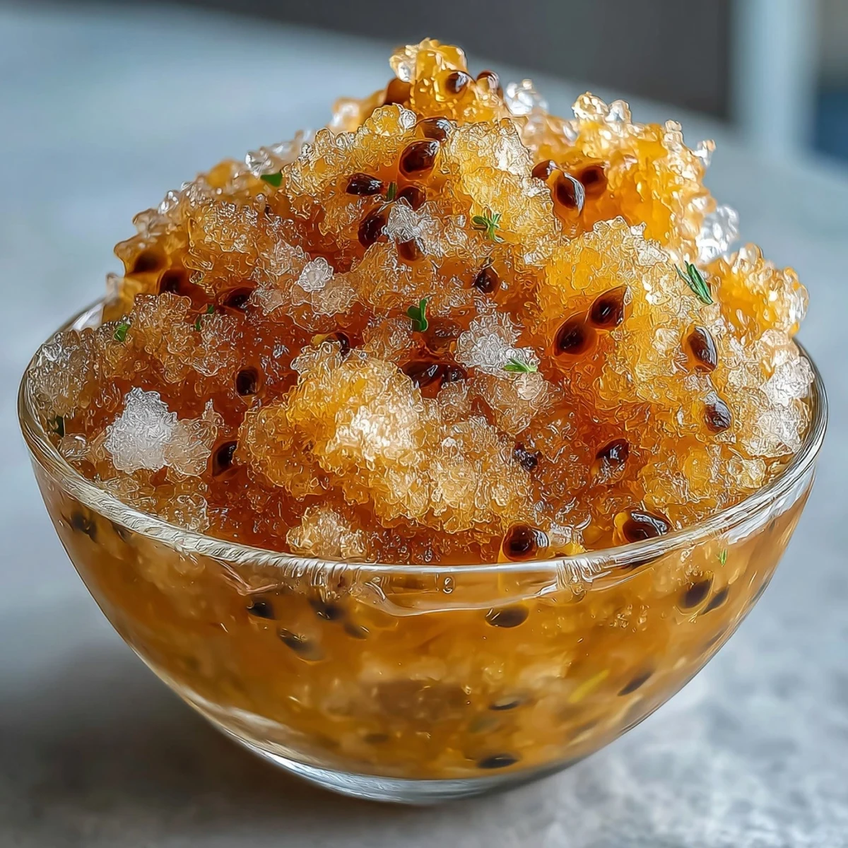 A chilled glass of Passionfruit Granita with vibrant yellow-orange flaky ice and fresh passionfruit seeds