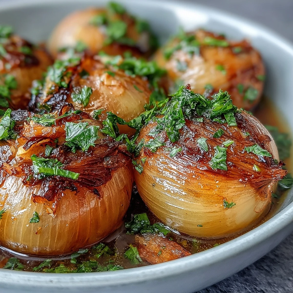 Close-up of buttery onion boil ASMR with smashed garlic and bay leaf, steaming in a rustic pot for a comforting dinner.