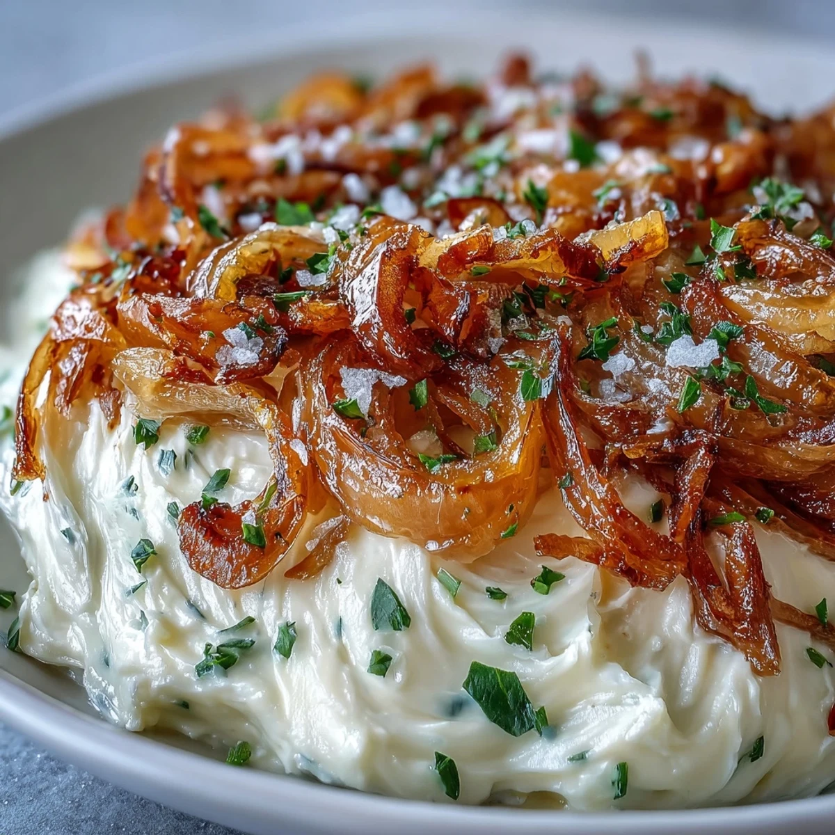 Golden caramelized onions top the Caramelized Onion Butter Board, a savory spread served with crisp crackers and fresh baguette slices on a wooden board.
