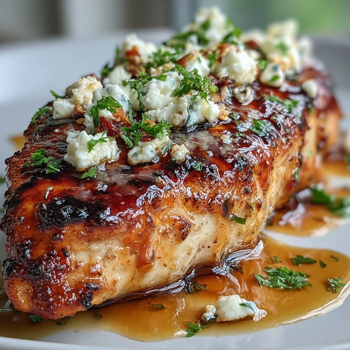 A close-up of juicy, sliced Hot Honey Feta Chicken on a plate with fresh parsley garnish and a vibrant green salad for a balanced dinner.