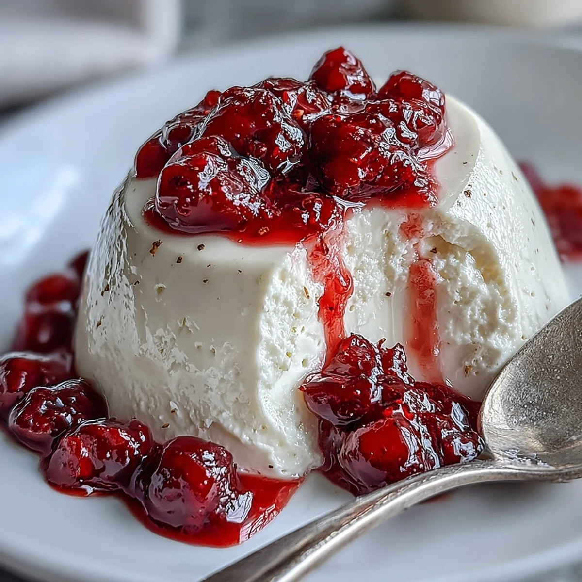 Cardamom panna cotta plated with a spoon and fresh berry compote nearby.