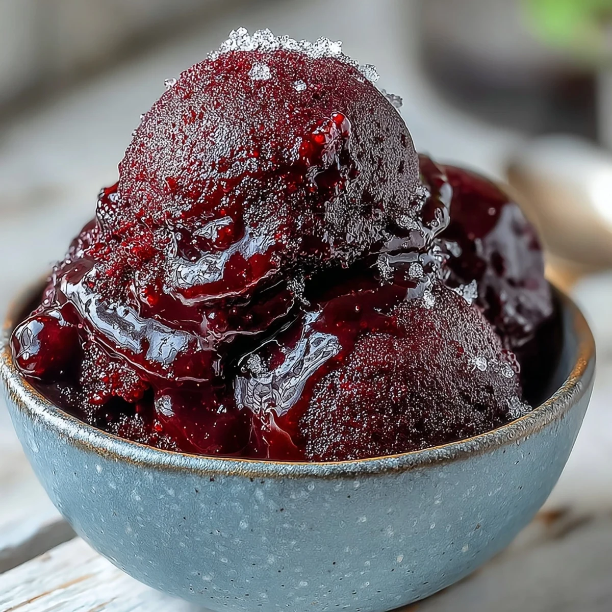 A close-up of homemade Black Currant Sorbet scoops in a chilled glass bowl, highlighting its deep purple hue and smooth texture.