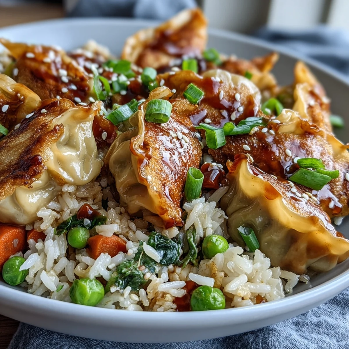 Golden-brown Trader Joe's dumpling fried rice with peas, carrots, and fluffy rice in a skillet, topped with fresh green onions and sesame seeds.