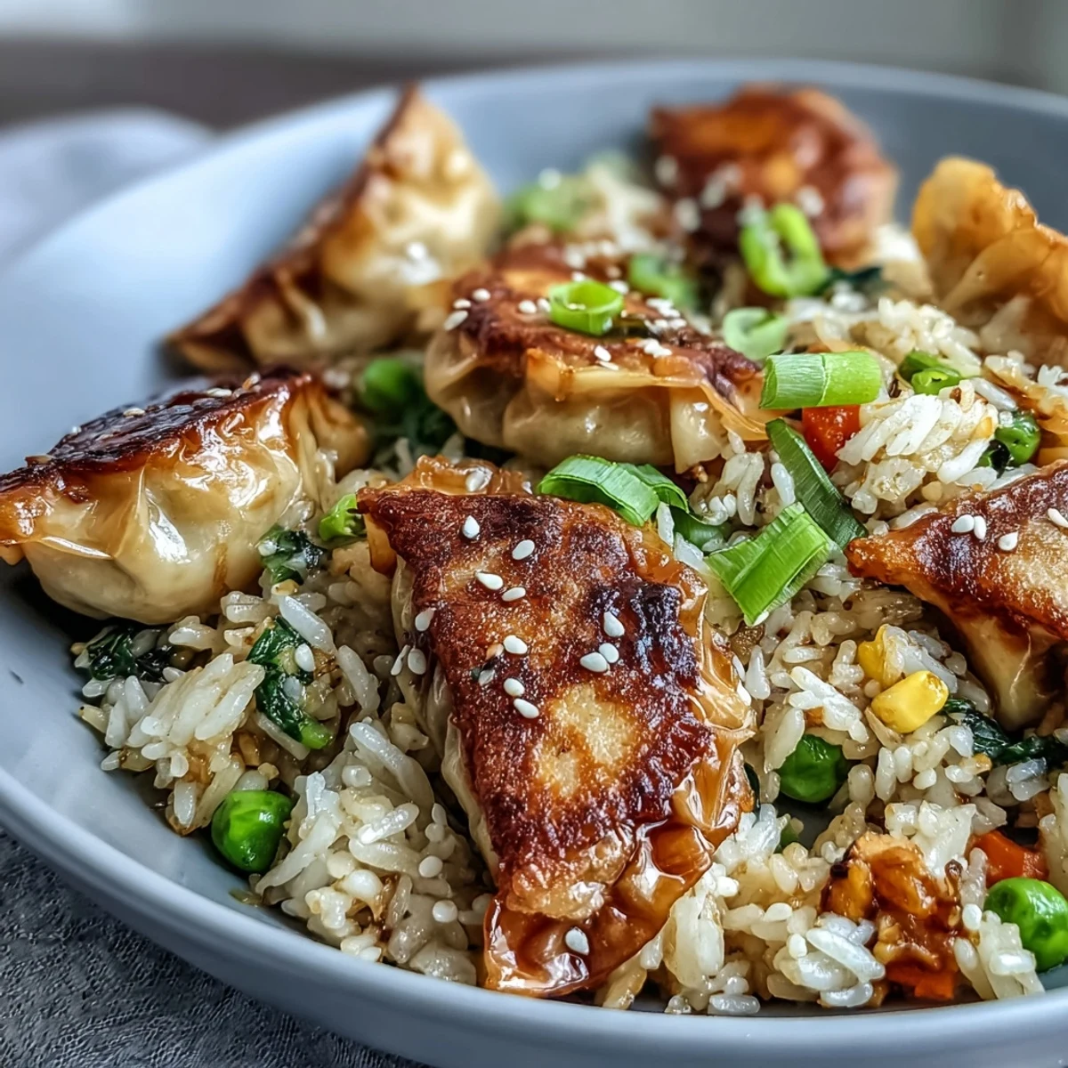 A close-up of sizzling Trader Joe's dumpling fried rice, featuring crispy dumpling pieces and vibrant vegetables, garnished with fresh cilantro.