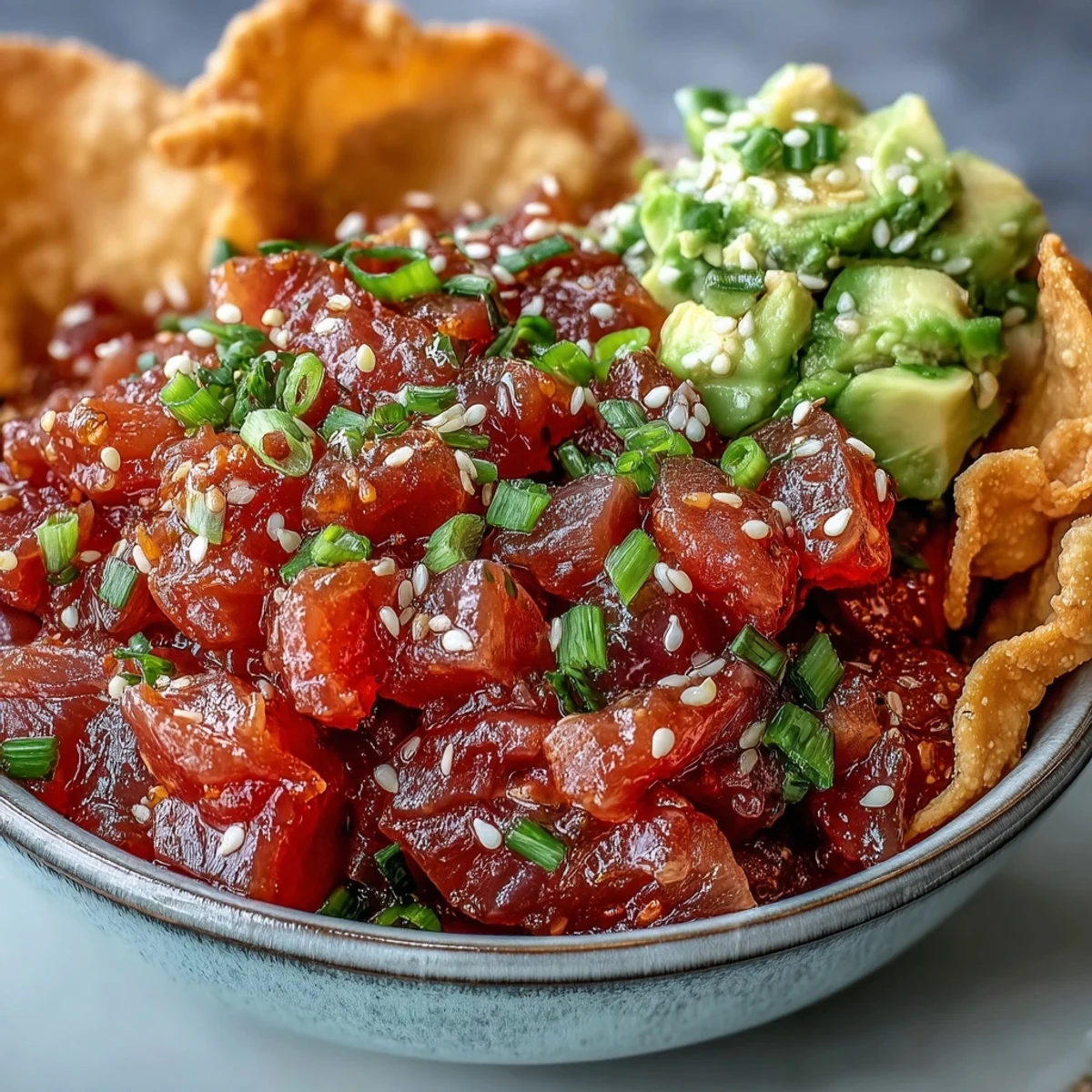 Fork-tender diced tuna tossed in a zesty sriracha-soy-lime dressing, garnished with fresh scallions and sesame seeds.