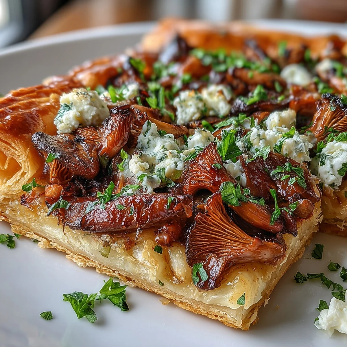 A close-up of a rustic Wild Mushroom Tart with golden-brown mushrooms and crumbled goat cheese on flaky puff pastry.