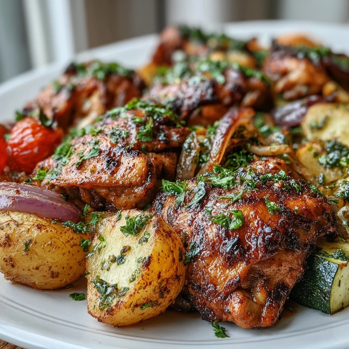 Golden-brown Sheet Pan Mediterranean Chicken with Zucchini and Lemon-Herb Potatoes, garnished with fresh parsley and lemon wedges on a rustic serving platter.