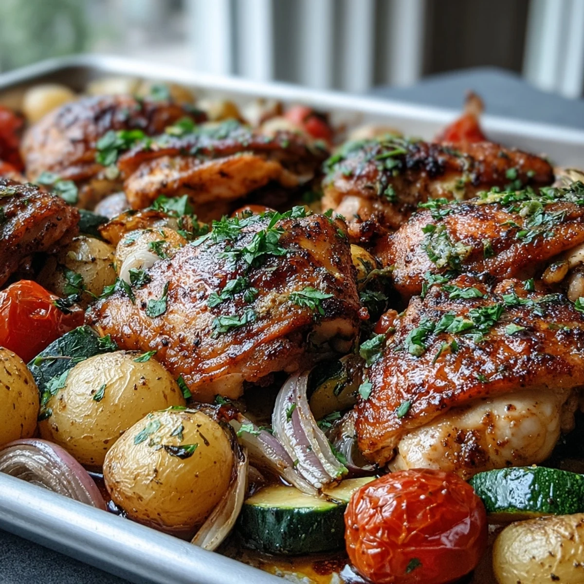 Sizzling Sheet Pan Mediterranean Chicken with Zucchini and Lemon-Herb Potatoes, fresh from the oven, drizzled with olive oil and sprinkled with sea salt.