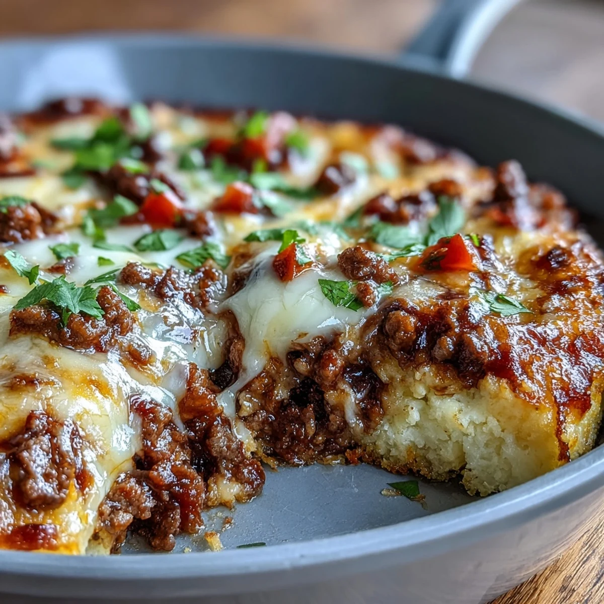 Fresh diced tomatoes and cilantro garnish this keto-friendly Cheesy Cauliflower Crust Taco Skillet, ready to serve.