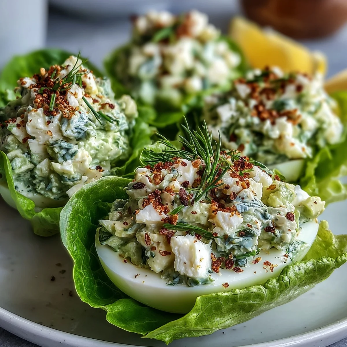 Crisp butter lettuce boats filled with creamy Keto Avocado Egg Salad, topped with crunchy everything bagel seasoning.