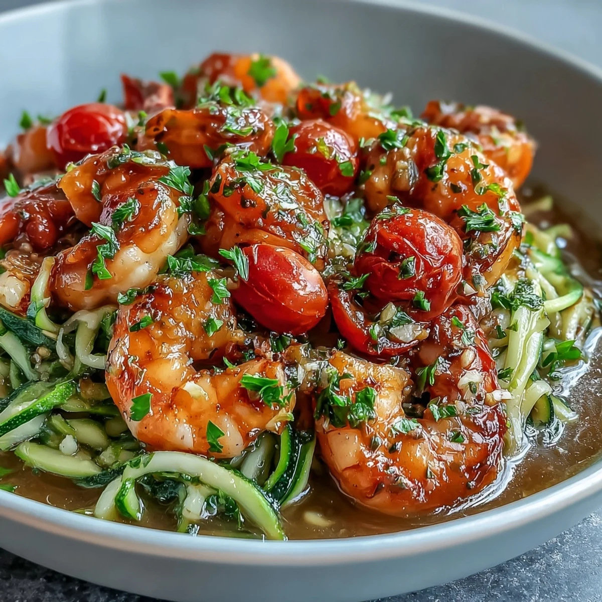 Garnished with cherry tomatoes and fresh parsley, this 15-Minute Zucchini Noodle Shrimp Bowl looks ready to serve.