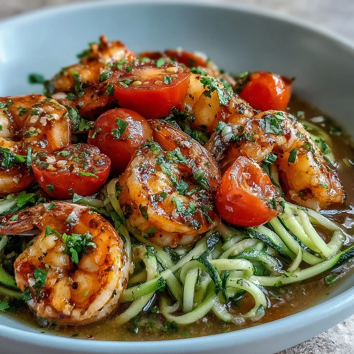 Serve the 15-Minute Zucchini Noodle Shrimp Bowl with crusty bread for dipping into the savory lemon-garlic broth.
