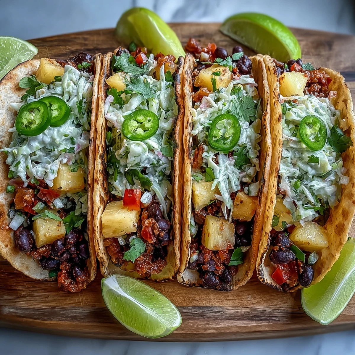 Golden brown pineapple and black bean filling warmly steaming inside charred corn tortillas, topped with creamy coconut lime slaw and fresh cilantro.