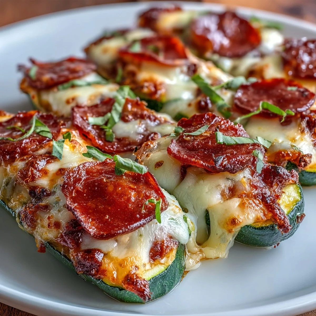 Fresh basil garnishes these Keto Pepperoni Zucchini Pizza Boats, served warm on a baking sheet.