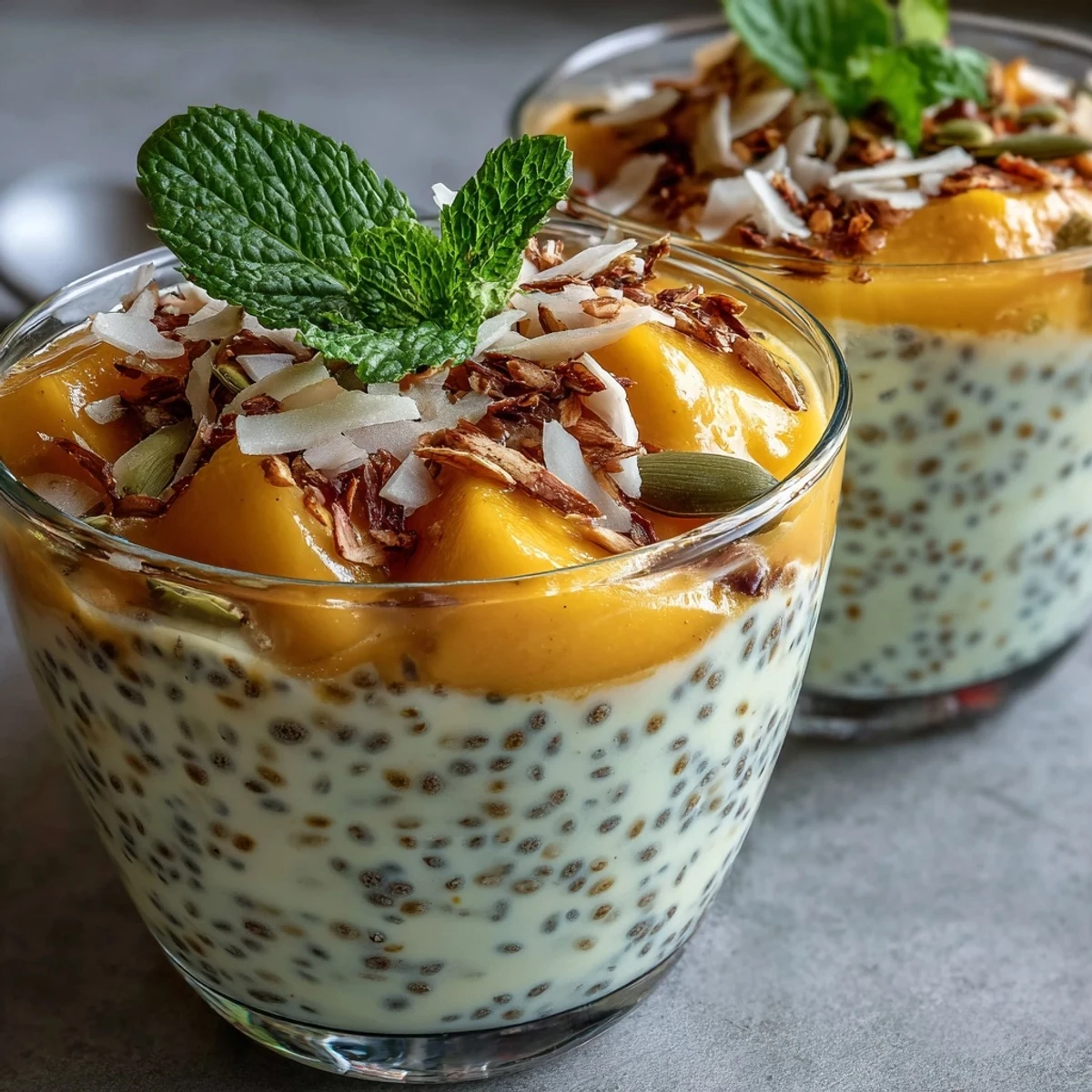 Freshly blended mango purée layered over creamy, chilled Slim Mango Coconut Chia Pudding Breakfast Cups, topped with shredded coconut and mint.