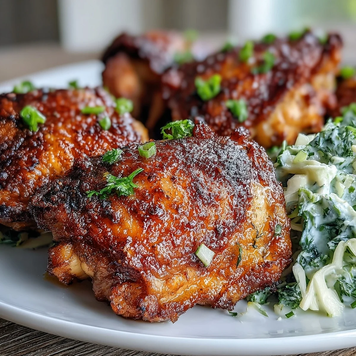 Freshly tossed Keto Crispy Chicken Thighs with Lemon Butter Cabbage Slaw highlighted with green onions and lemon zest.