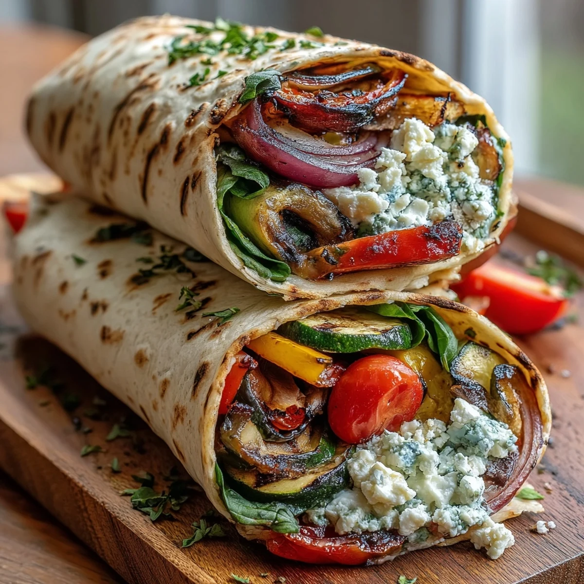 Grilled vegetable wraps with hummus and feta, filled with colorful, smoky veggies and fresh spinach.