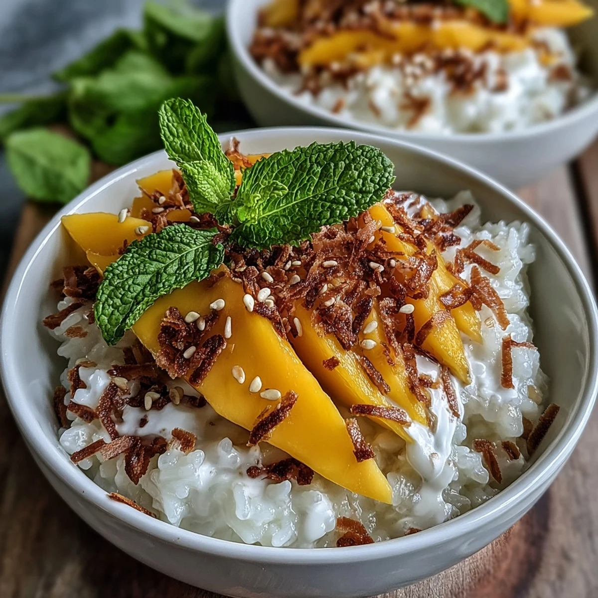 Overhead view of a colorful bowl of Vegan Mango Sticky Rice Breakfast Bowls topped with toasted coconut flakes.