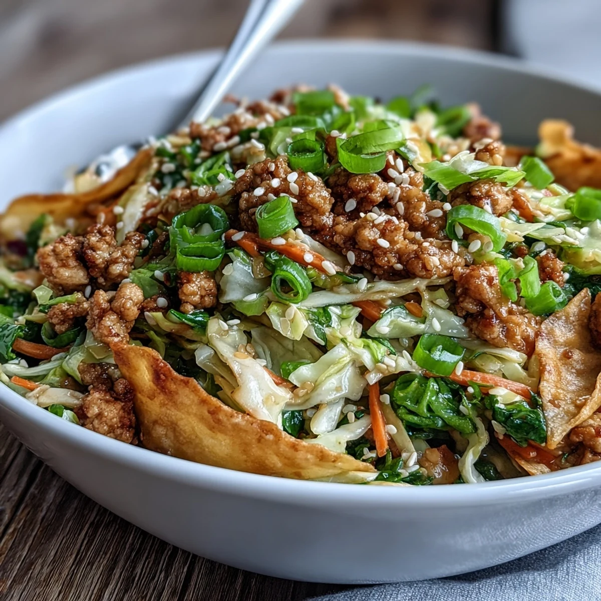 Freshly prepared Keto Egg Roll in a Bowl with Ground Turkey featuring crisp cabbage, carrots, and toasted sesame seeds.
