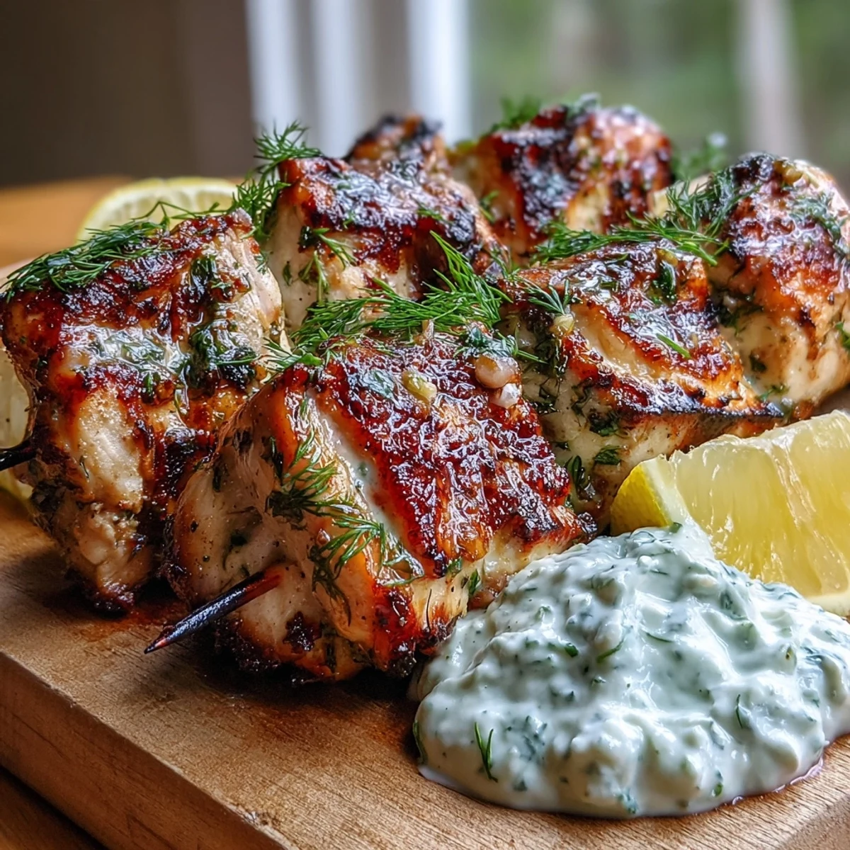Marinated Light Lemon Herb Chicken Skewers with Tzatziki served alongside crisp cucumber slices for dipping.