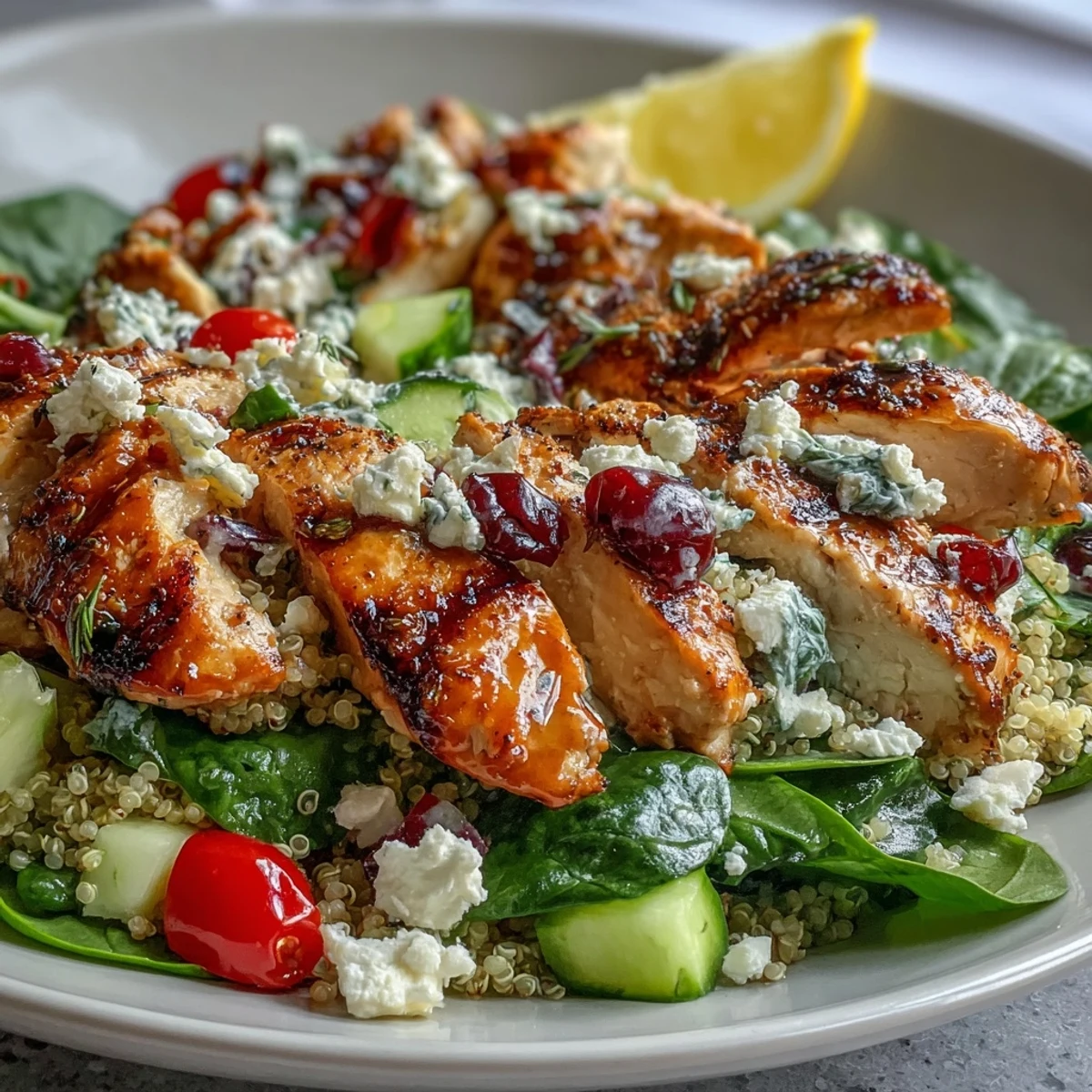 Freshly prepared Lemon Herb Grilled Chicken Salad with quinoa, cherry tomatoes, cucumbers, and red onion on a rustic kitchen counter.