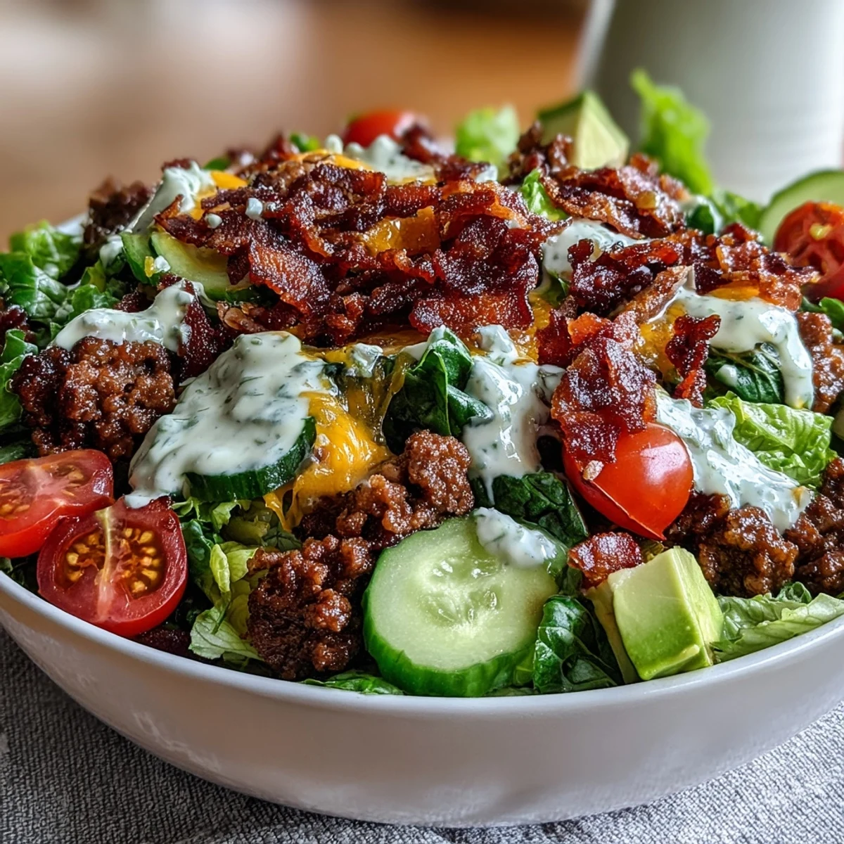 Freshly ground beef and crispy crumbled bacon top a vibrant bed of chopped romaine lettuce for this Keto Bacon Cheeseburger Salad. 
