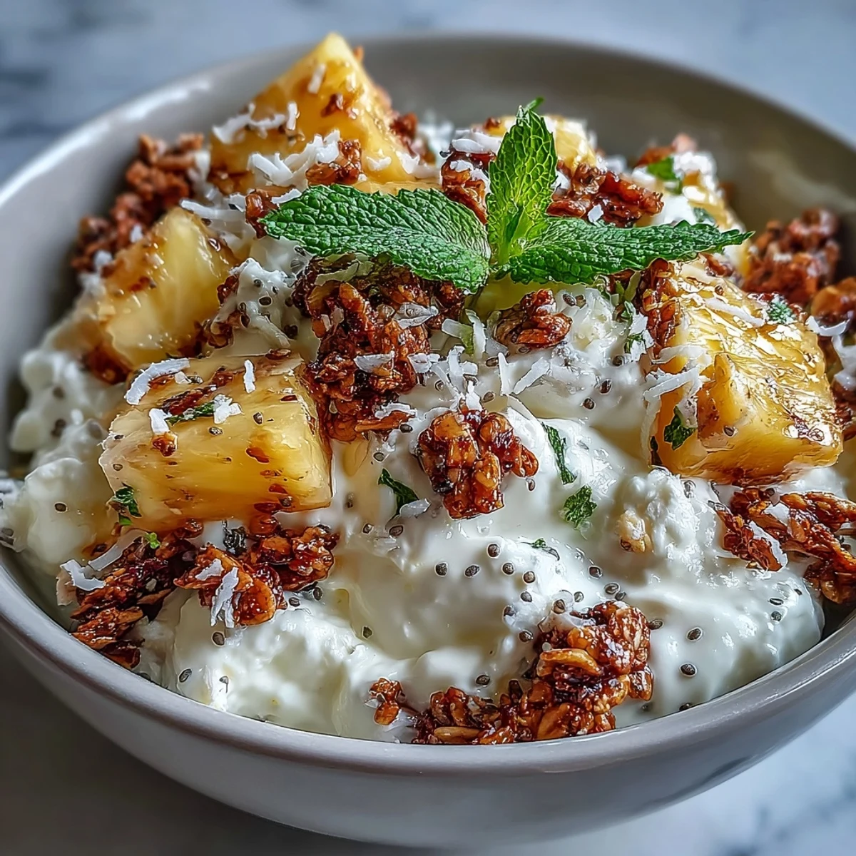 Freshly diced pineapple and crunchy granola top creamy cottage cheese in this vibrant Cottage Cheese Breakfast Bowl.