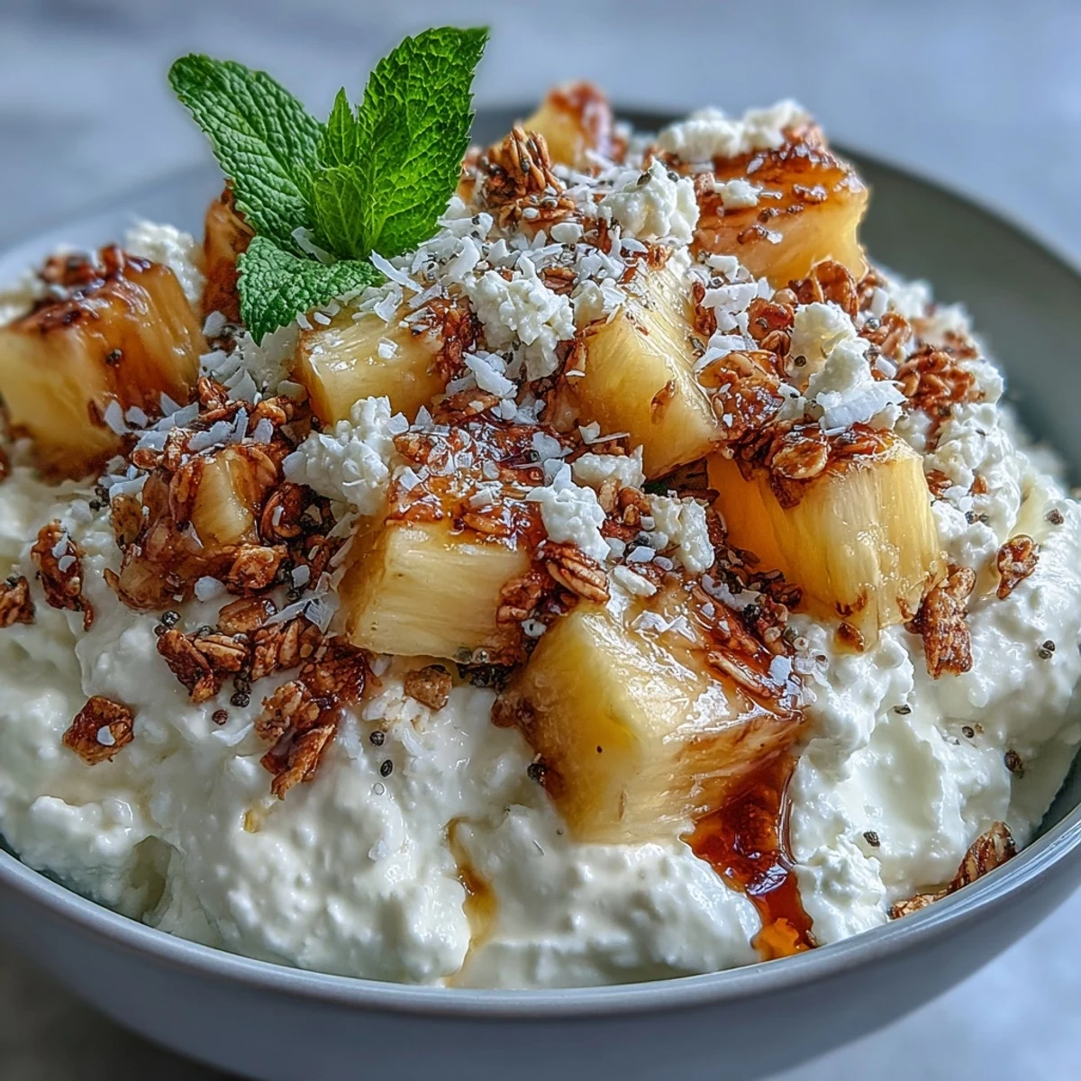 Bright, tropical pineapple and nutty granola create a balanced Cottage Cheese Breakfast Bowl.