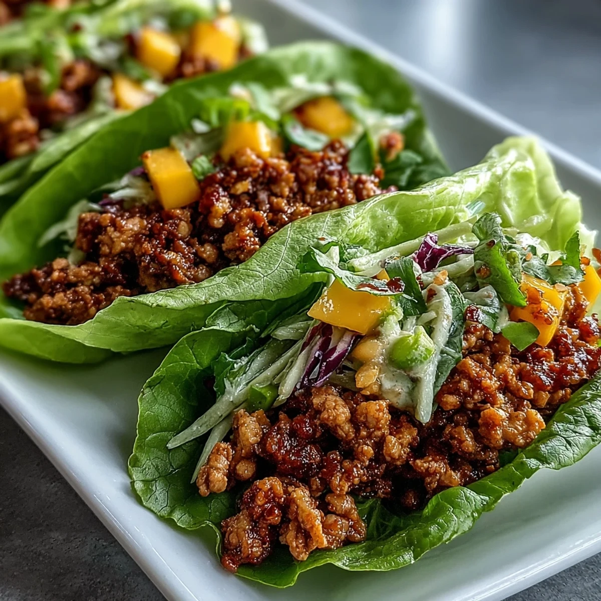 Freshly cooked spicy turkey filling steaming in a crisp romaine lettuce taco shell, topped with vibrant mango slaw.
