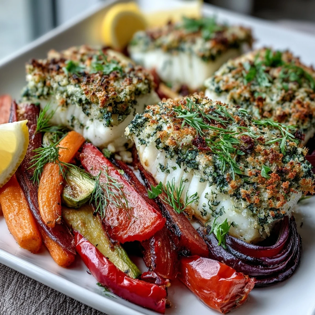 Close-up of Herb-Crusted Baked Cod with Roasted Vegetables highlighting crispy golden breadcrumbs and caramelized zucchini slices.