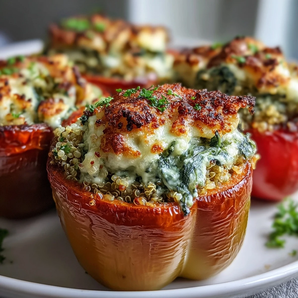 Baked Vegan Spinach and Artichoke Stuffed Peppers sit beside a crisp green salad and lemon wedges, ready for a healthy, satisfying dinner.