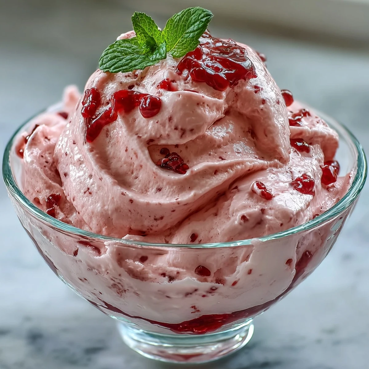 Layered Cottage Cheese Raspberry Mousse dessert served with extra raspberries and a drizzle of honey.