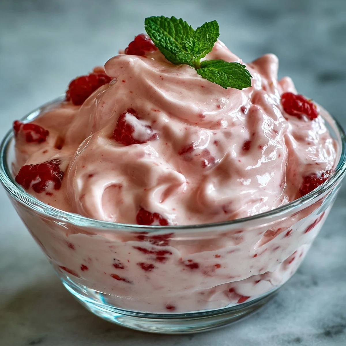 Homemade Cottage Cheese Raspberry Mousse with a fluffy texture and vibrant pink hue in dessert bowls.